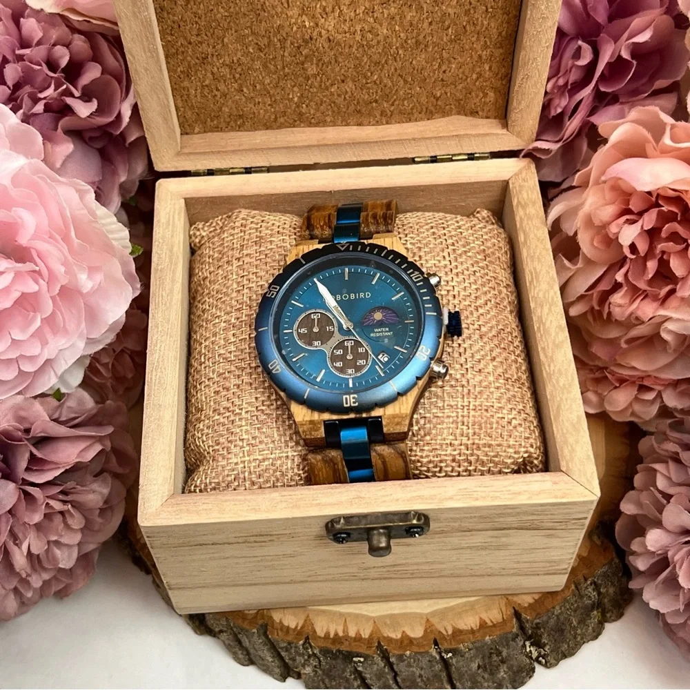 Luxury Zebra Wood Blue Chronograph Military Quartz Watch - Picture 5 of 16